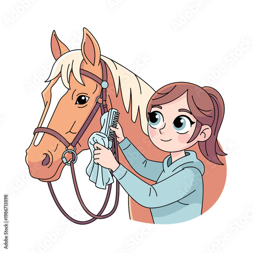 teen girl grooming horse with cloth and smiling in colorful illustration  