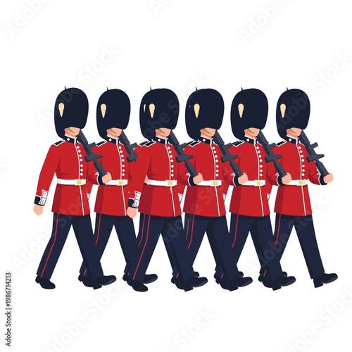 British soldiers marching in formation with bearskin hats and red uniforms
