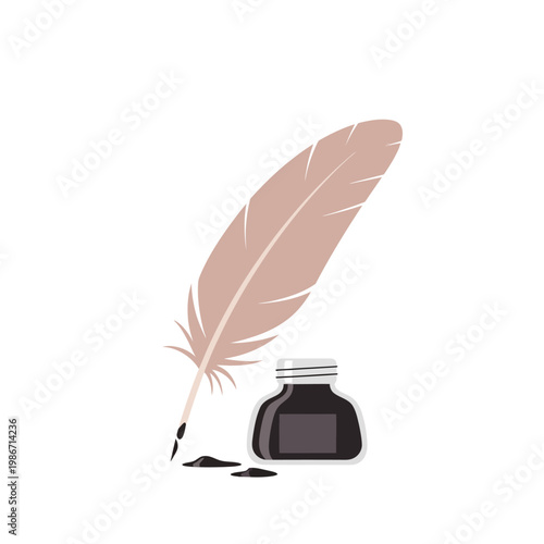 Quill pen and inkwell for writing and drawing creative tools