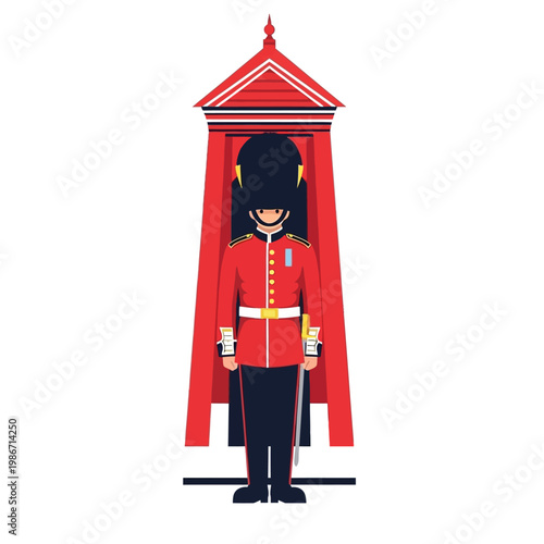 British soldier in traditional uniform standing guard at red sentry box on plain surface
