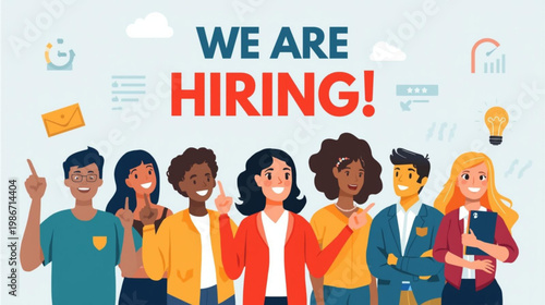 A colorful illustration of diverse people with a hiring sign