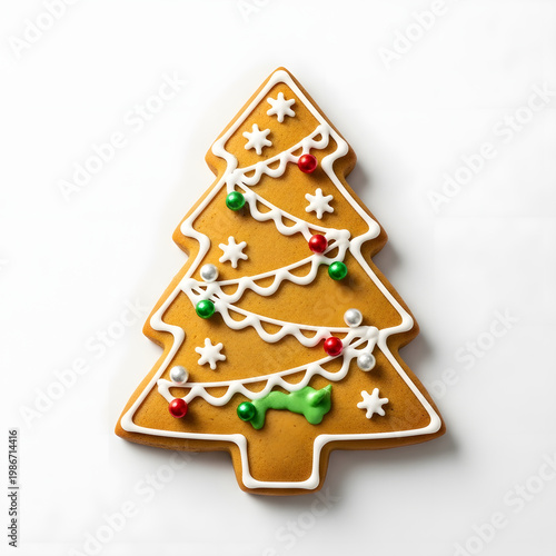 Decorative gingerbread christmas tree cookie with icing and candy isolated on transparent background