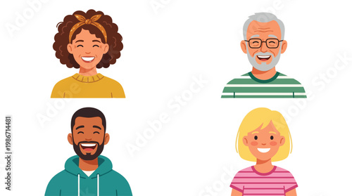 Four diverse cartoon avatars of smiling people, including a young woman with curly hair, an older man, a young man with a beard, and a blonde woman, representing various demographics.