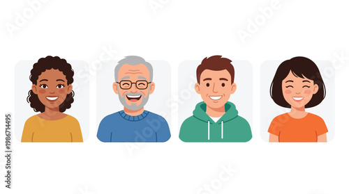 Four diverse cartoon avatars of smiling people, including a woman, an elderly man, a young man, and a young woman, representing different ages and ethnicities.