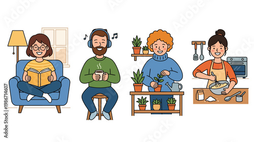 Four diverse individuals enjoying various relaxing hobbies and leisure activities at home, including reading, listening to music, gardening, and baking.