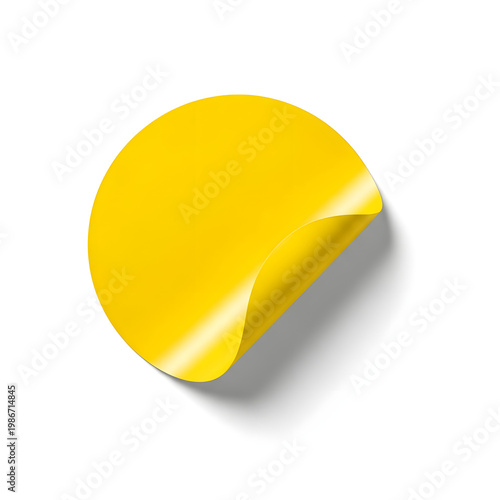 Bright yellow circular sticker peeling with shadow isolated on transparent background