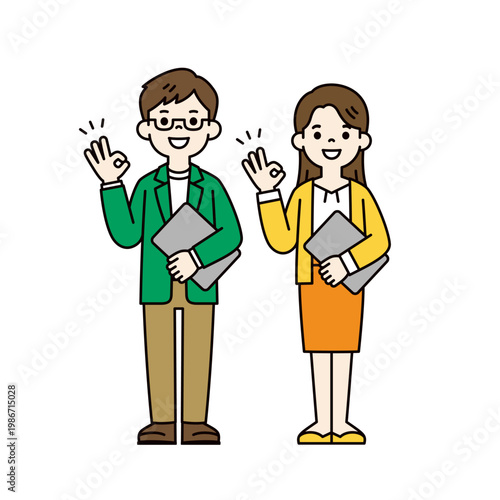 ラップトップを持ってOKのハンドサインをする、男性と女性の全身ベクターイラスト素材セット