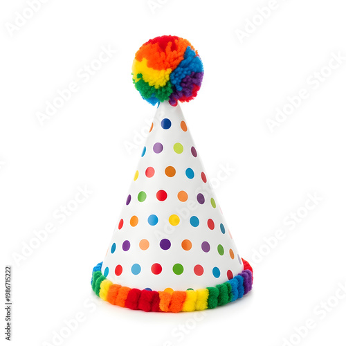 Colorful polka dot party hat with rainbow pom-pom and trim, isolated on transparent background