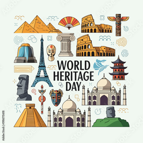 A colorful illustration celebrating World Heritage Day with landmarks (1)