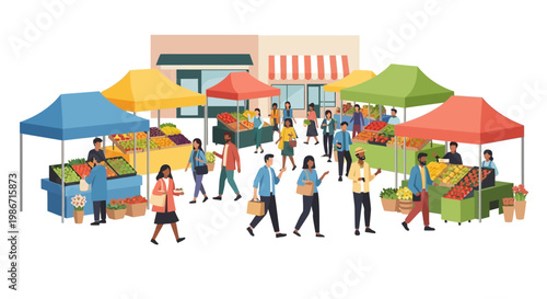 Εκτύπωση καμβά Stylized vector art of people buying and selling at a vibrant farmers market, fe