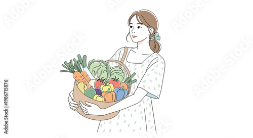Vector illustration of a young woman holding a basket brimming with fresh produce from the farmers market, depicted in a clean, minimalist design against a white background