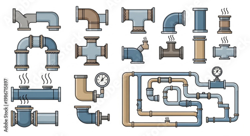 Collection of Industrial Pipes and Fittings for Plumbing Systems.
