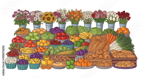 Colorful vector illustration of a bustling farmers market featuring a diverse array of fresh produce, flowers, and baked goods arranged in neat rows, creating a vibrant and inviting scene
