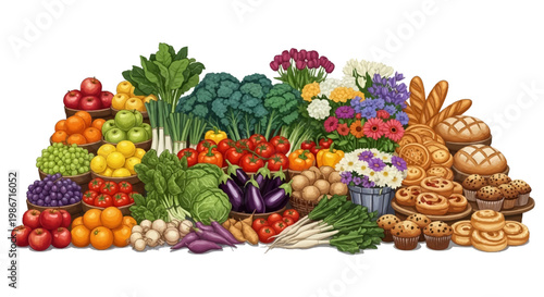 Colorful vector illustration of a farmers market display featuring fresh fruits, vegetables, flowers, and baked goods in a vibrant, cartoon style against a clean white background