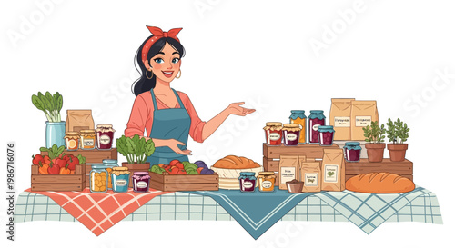A cheerful fruit vendor character illustration stands behind a table laden with fresh produce and goods at a vibrant farmers market, depicted in a colorful vector design against a clean