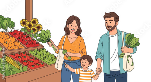 Vector illustration of a happy family buying fresh produce at a vibrant farmers' market, the fruit vendor's stall overflowing with colorful fruits and vegetables against a clean white