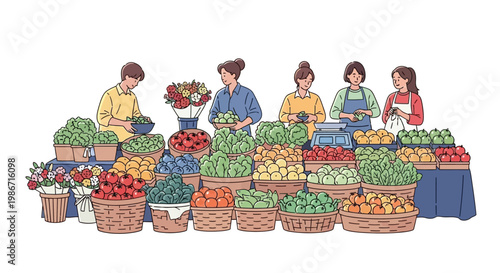 Vector illustration of vendors selling produce at a bustling farmers' market, designed with a clean and simple aesthetic against a white background, showcasing diverse fruits and vegetables