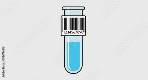 A medical laboratory test tube with a barcode label and blue liquid