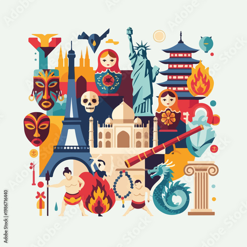 A colorful illustration featuring iconic landmarks and cultural symbols