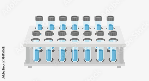 A laboratory rack holding multiple test tubes with blue liquid