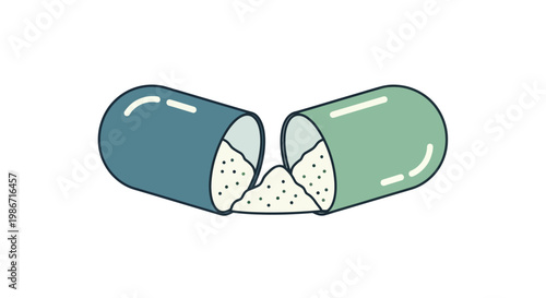 An illustration of a broken capsule pill on a white background