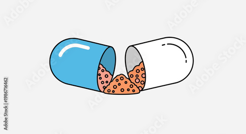 An open capsule with orange pills spilling out on a white background