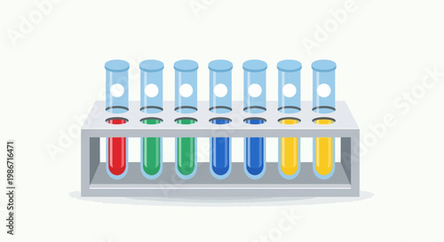 A rack of colorful test tubes in a laboratory setting