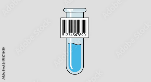 A laboratory test tube with a barcode label and blue liquid inside