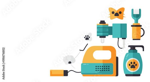 A vibrant flat vector illustration showcasing essential pet grooming tools, including clippers, shampoo, and a dryer, on a white background.