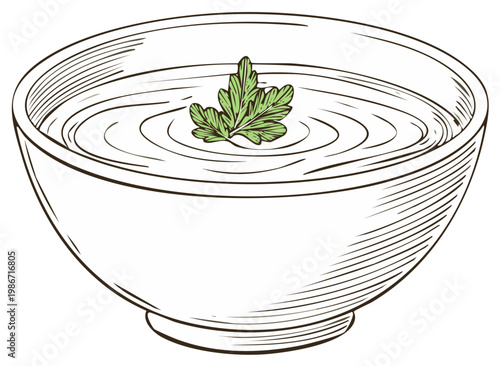 Aromatic soup sketch served in a bowl with green fresh parsley, drawing style dish with creamy texture and visible ripples