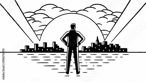 confident businessman standing on rooftop overlooking city skyline at sunset