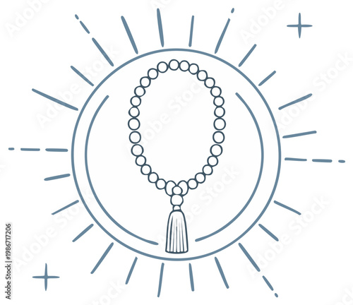Prayer beads illustration with sunburst halo. Spiritual meditation rosary line art for islamic culture.