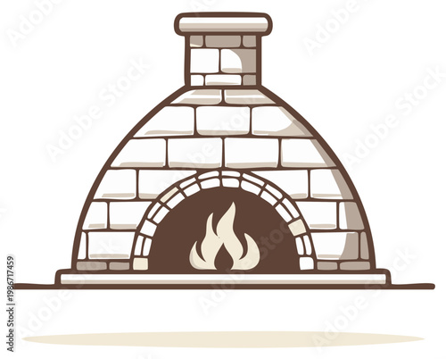 Traditional brick pizza oven with warm fire inside cartoon illustration