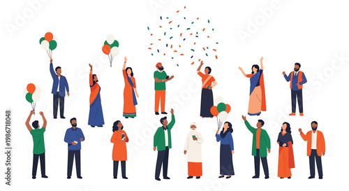 Diverse group of people celebrating with balloons and confetti festive atmosphere cultural event joy and happiness colorful traditional clothing
