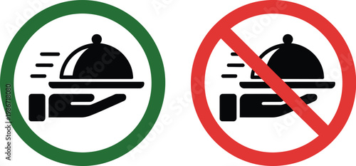 Food service allowed and prohibited icon set, minimalist vector symbols with hand tray illustrations for restaurant guidelines catering rules and hospitality compliance signage.