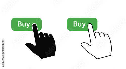 Two hands pointing at green buy buttons one in color and one monochrome