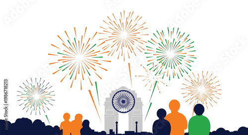 People watching colorful fireworks display at iconic monument on celebration night