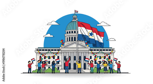 People celebrating with flags in front of government building on sunny day with blue sky