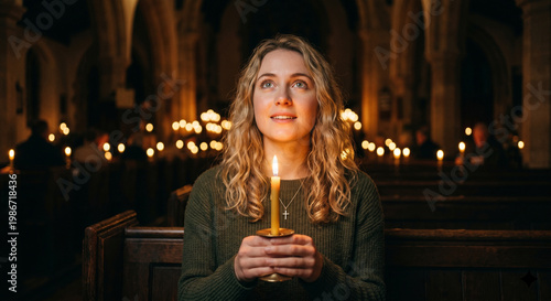 A night with a religious atmosphere, a woman praying with a candle, a religion.
