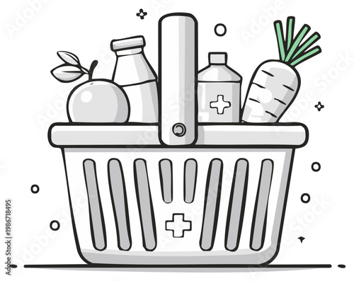 Cartoon style shopping basket carrying fresh produce dairy and pharmacy items for health