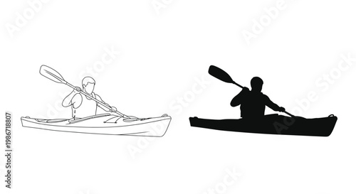 Minimalist vector graphic illustration of a person paddling a kayak shown in both outline and silhouette style