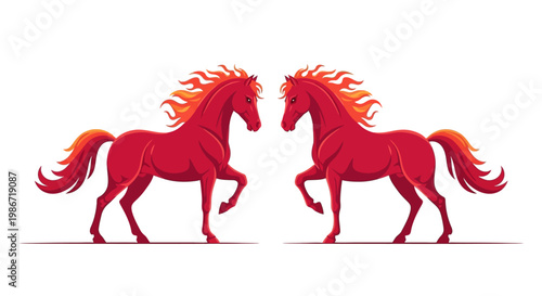 A vector illustration shows two vibrant red horses rearing up against a clean white background, designed to celebrate the upcoming Chinese New Year in 2026, conveying a sense of tradition