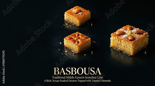 Wallpaper Mural Delicious Basbousa Semolina Cake with Almonds on Black Background. Torontodigital.ca