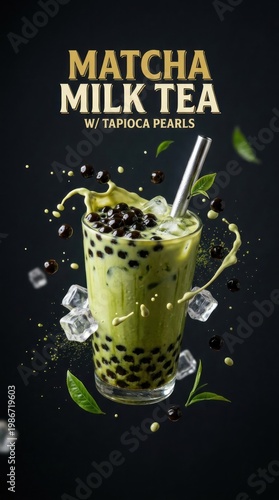 Wallpaper Mural Delicious Matcha Milk Tea with Tapioca Pearls and Ice Cubes. Torontodigital.ca