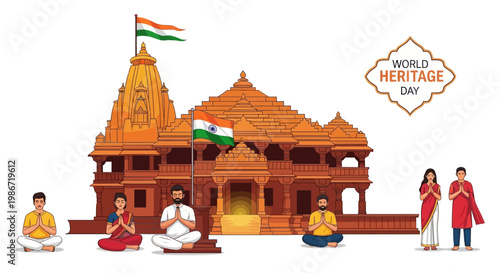 Illustrated vector design celebrating World Heritage Day, depicting people in traditional Indian attire meditating and praying before the Taj Mahal and Red Fort, with an Indian flag waving