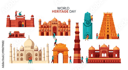 Illustrative vector design celebrating World Heritage Day, showcasing famous Indian landmarks like the Taj Mahal and Red Fort alongside other monuments, rendered in a bright, cartoon style