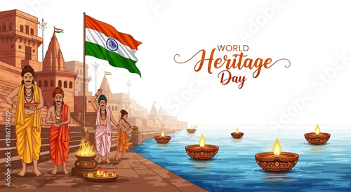 A vector illustration commemorating World Heritage Day features people in traditional Indian attire near monuments, set against a backdrop of ancient temples and landmarks
