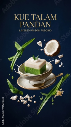 Wallpaper Mural Delicious Kue Talam Pandan Dessert with Coconut and Pandan Leaves. Torontodigital.ca