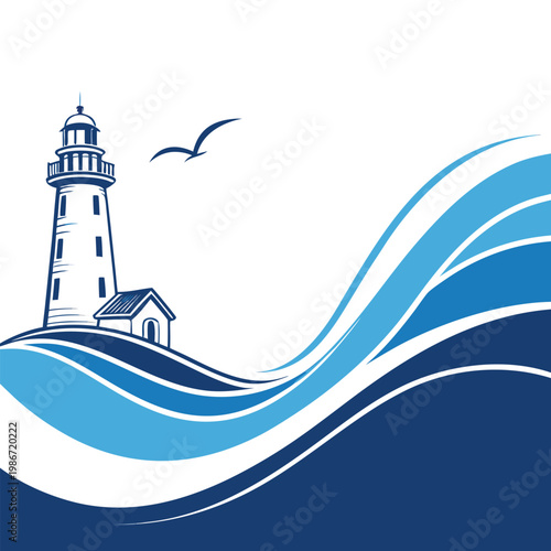 Stylized lighthouse coastal graphic design with ocean waves and flying seagull