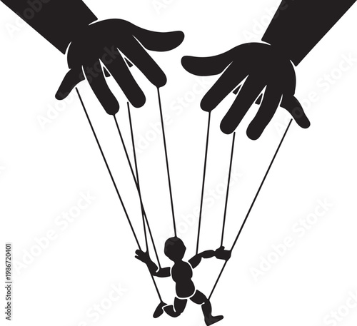 Black Silhouette of Hands Controlling Puppet Strings – Symbol of Manipulation, Control, Power and Influence Vector Illustration